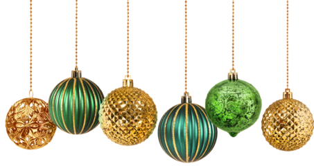 Six gold and green decoration Christmas balls collection hanging isolated
