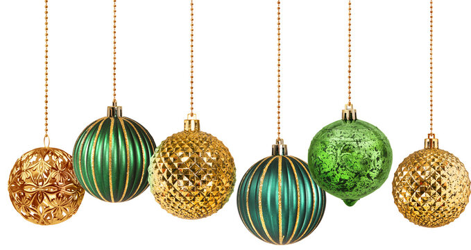 Six gold and green decoration Christmas balls collection hanging isolated