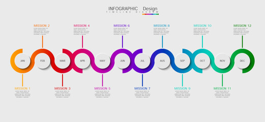 12 month calendar design concept, modern timeline, infographic template for business.Can be used for presentations, flowcharts, diagrams, signs. Vector illustration.