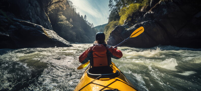 whitewater kayaking, down a white water rapid river in the mountains. Hand edited generative AI.