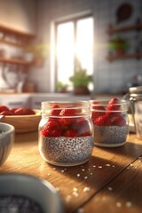 Breakfast idea - glass mason jars with chia seeds pudding, frozen strawberries and red raspberry smoothie on sunny kitchen counter top. Generative AI technology