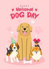 Happy national Dog day poster vector design. Cute cartoon dogs