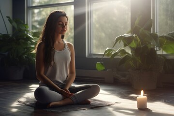 A young woman in white t-shirt and joggers sitting in yoga asana lotus pose meditating in a sunlit room with green plants. Generative AI technology