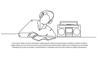 Continuous line design reading a book while listening to radio. Decorative elements drawn on a white background.
