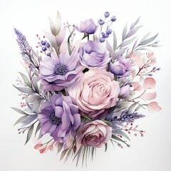 Blue and purple watercolor flowers bouquet, AI Generated