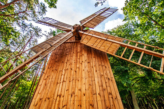 Built of mill wood, called a windmill of the kozlak type, standing by the access road to the city of Ciechanowiec in Podlasie, Poland.