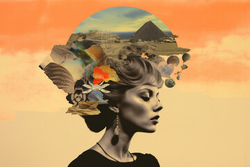 Pop art style collage generative ai of young woman thoughts business idea startup build apartments coast isolated on orange background