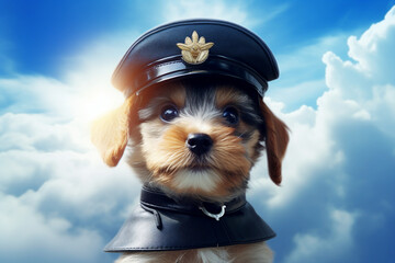 Funny collage artwork generative ai image of miniature small puppy dog wear uniform air pilot captain hat isolated on sky clouds background