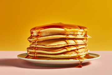 Generative ai template picture collage of much pancakes stock illustration flipping honey syrup pancakes isolated on yellow background - Powered by Adobe