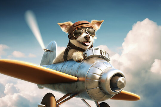Creative template graphics image of funny dog flying vintage airplane created with generative ai modern technology