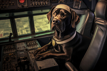 Cute black labrador check all monitors collage generative ai technology artwork aviation co pilot help captain fly isolated inside airplane