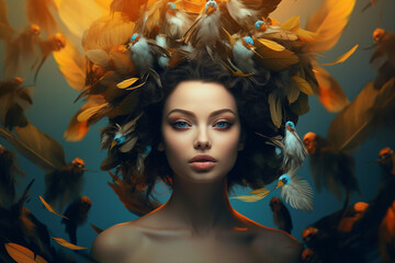 Obraz na płótnie Canvas Female character girlfriend collage illustration metaphor makeup generative ai picture feathers in haircut beautiful lady nature background
