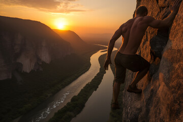  A muscular man hangs down from the edge of the cliff by tightly grabbing the edge. sunset view. a...