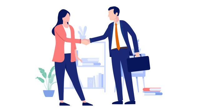Businesswoman and businessman handshake - Man and woman shaking hands over deal and agreement in office. Flat design vector illustration with white background