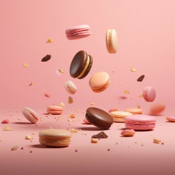 Colored French macarons flying in freeze motion. Concept of flying food isolated on background. High resolution image