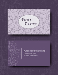 Modern design of business cards (front and back). Beautiful floral pattern on a purple background. Background for your postcard, flyer, invitation. Vector illustration.