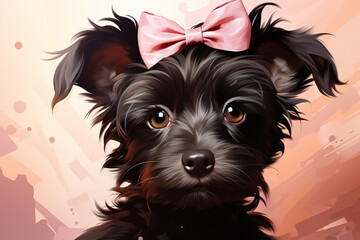 dog on a pink background with a bow. In the style of barbie