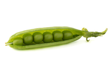 Pea pod with ripe peas on a white background.