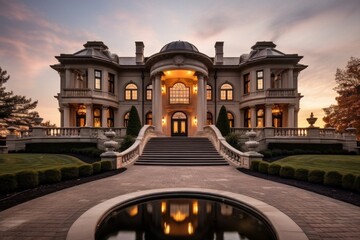Fototapeta premium Illustration of a stately mansion with a grand fountain in the foreground, created using generative AI