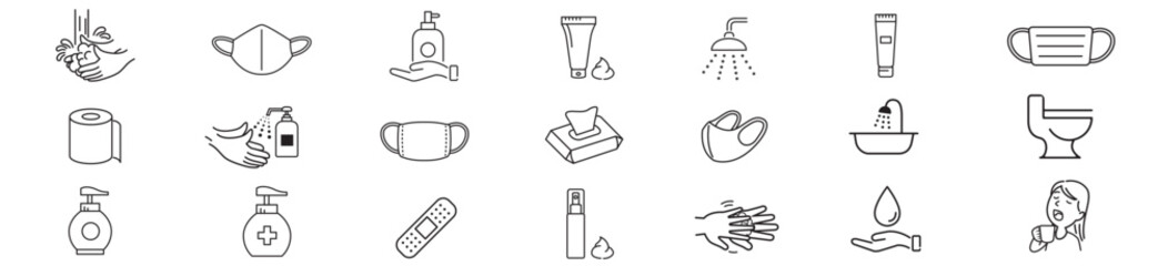 Clean Hygiene Washing hands Bath Mask Shower editable icon set collection vector illustration
