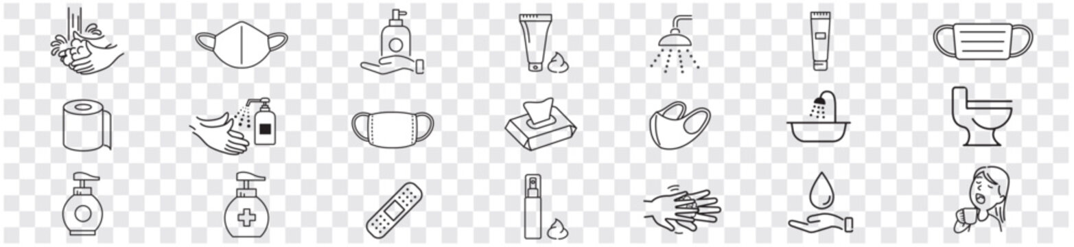 Clean Hygiene Washing hands Bath Mask Shower editable icon set collection vector illustration