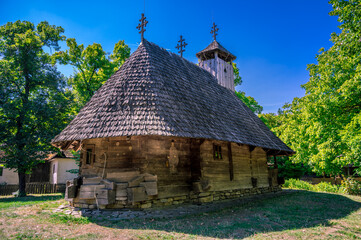 A wooden church from the Maramures region in the Dimitrie Gusti Village Museum at Bucharest, Romania