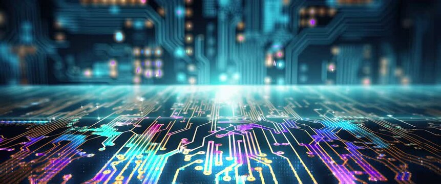 Futuristic Technology Background. Data flow in a motherboard in pc. Processor among circuits and electronics. CPU