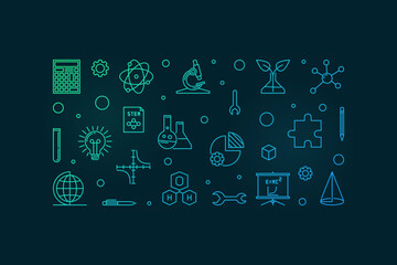 Science, Technology, Engineering and Math Education colorful outline horizontal banner - STEM concept illustration