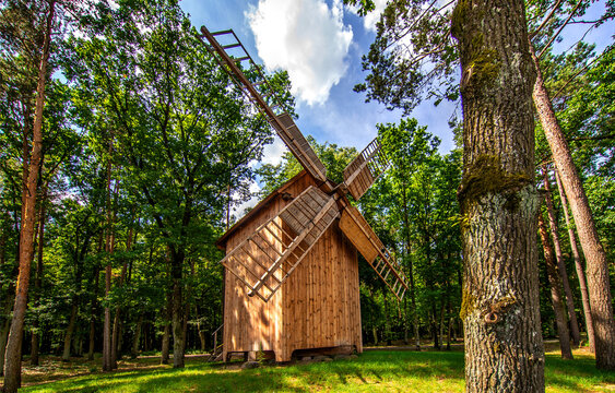 Built of mill wood, called a windmill of the kozlak type, standing by the access road to the city of Ciechanowiec in Podlasie, Poland.