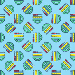 Screwdriver and Protractor with yellow Ruler vector colored seamless pattern