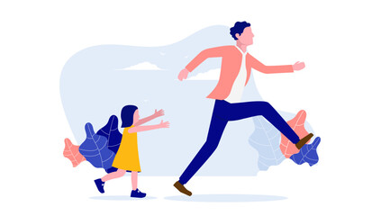 Fototapeta na wymiar Father playing with child - Dad and daughter playing tag and chasing each other outdoors. Flat design vector illustration with white background