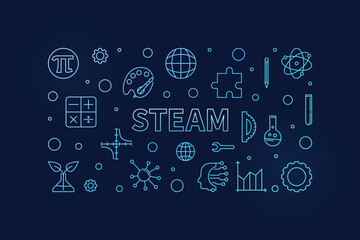 STEAM thin line Science concept blue banner. Vector Science, Technology, Engineering, Arts and Mathematics linear horizontal Illustration © tentacula