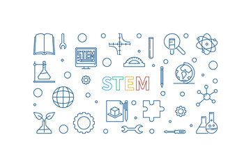 Fototapeta na wymiar STEM Science outline concept banner. Science, Technology, Engineering and Math vector horizontal Illustration