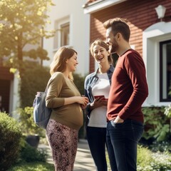 Naklejka premium An excited young couple met with a real estate agent next to a For Sale sign. Generative AI.