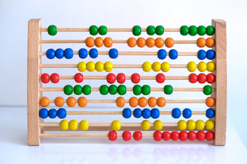 Close up colorful school abacus bead background for kids. Education school mathematics wallpaper. Kids learning count, children math class concept. 