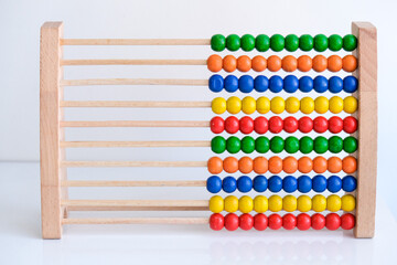 Naklejka premium Close up colorful school abacus bead background for kids. Education school mathematics wallpaper. Kids learning count, children math class concept. 