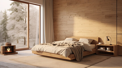 Wooden bedroom and canvas over bed with linens, beige walls and window, Generative Ai