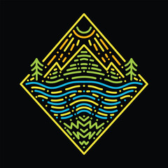 Premium Colorful Monoline Mountain Vector Graphic Design illustration Vintage style line Emblem Symbol and Icon