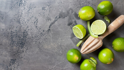 Limes and juicer on stone background. Top view with copy space