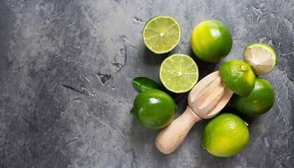 Limes and juicer on stone background. Top view with copy space