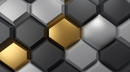3D Modern Gray and Golden Seamless Pattern Hexagonal Geometric with 3D Ball and Squares Illustration Background. Generative Ai