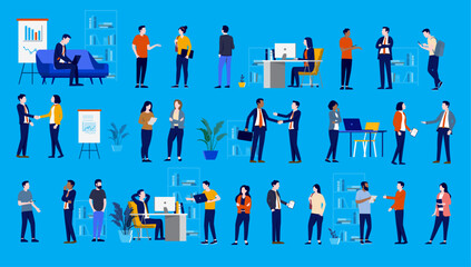 Office people business collection - Large set of businesspeople doing work, talking, shaking hands and using computers. Flat design vector illustration with blue background