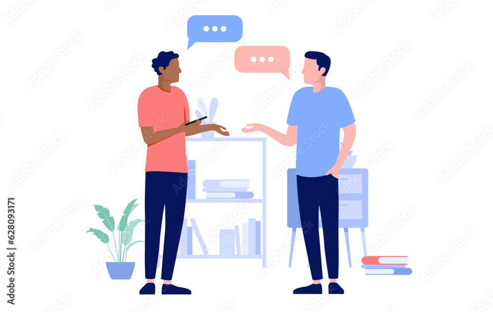 Leinwandbilder two people talking - vector illustration of men in office at work having discussion and conversation