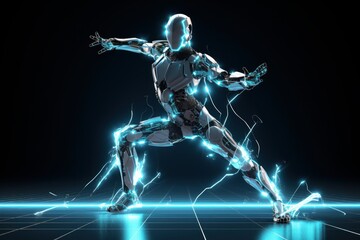 Fototapeta na wymiar Illustration of a robot running through a dark room created using generative AI