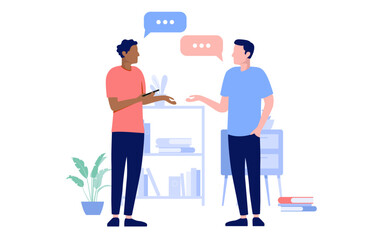 Two people talking - Vector illustration of men in office at work having discussion and conversation with speech bubbles. Flat design with white background