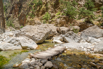 View of The Samaria Gorge and walking passage over the stream, Crete, Greece