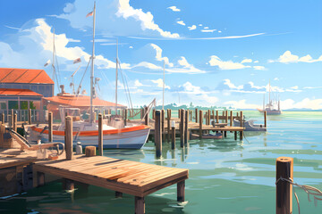 several boats pulled up to the beach pier, the weather was sunny during the day, anime stlye