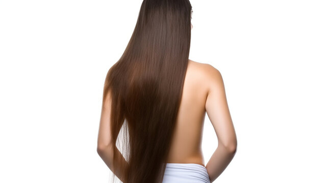 Back view, woman with perfect long brunette hair isolated on white. Generative AI
