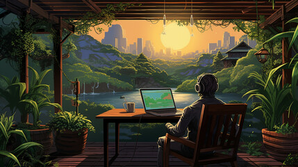 Depict a tranquil trading retreat in nature, with a trader surrounded by lush greenery and a laptop displaying a price chart Generative AI