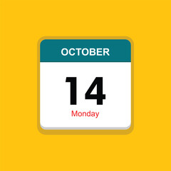 monday 14 october icon with yellow background, calender icon